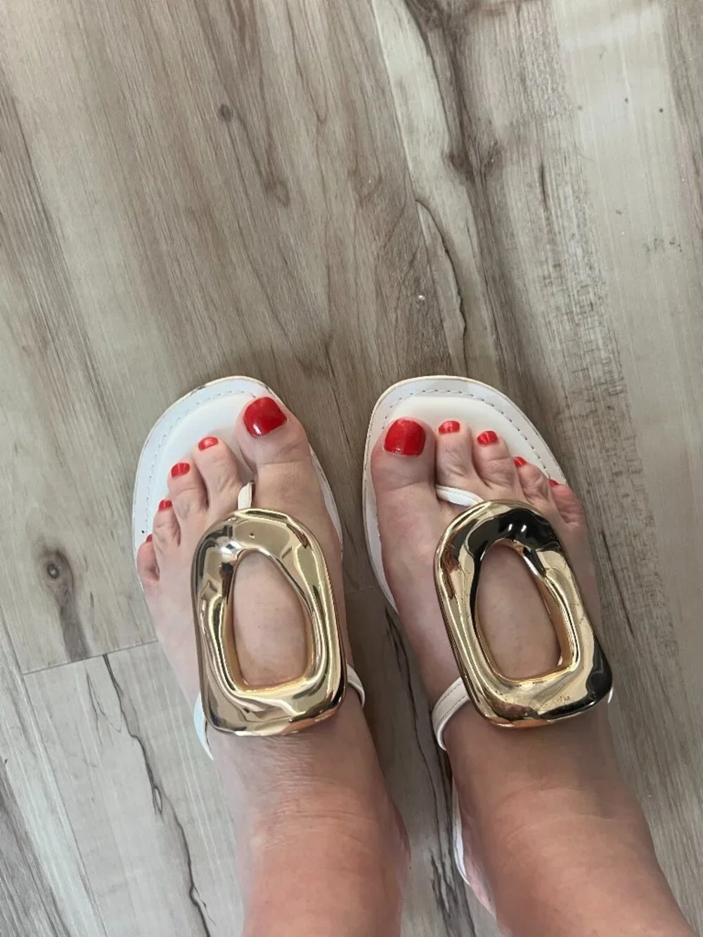 Dolce Vita White Sandals with Sculptural Gold Buckle